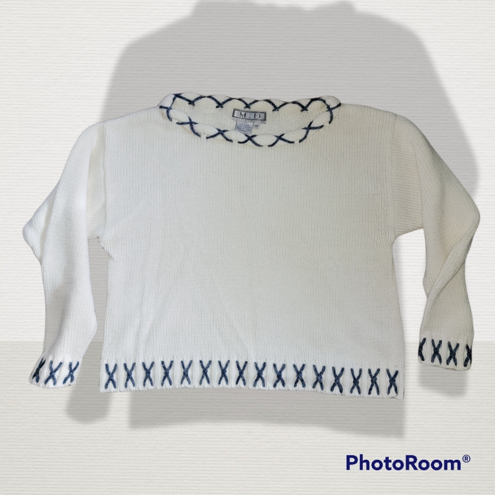 Matters of Degrees crop white and blue sweater, size medium